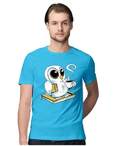 ALLEN BLACK Men's Regular Fit T-Shirt White Owl with Books & Coffee 100% Cotton T-Shirt Sky Blue_WHTOWLBCF-Sky Blue 3XL Men Round_