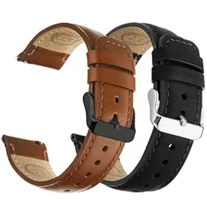 Fullmosa 2 Pack 20mm Leather Watch Bands Quick Release Watch Strap for Men Women, Soft Replacement Strap Wristband with Stainless Steel Buckle,20mm Toffee Brown&Black/Black&Silver