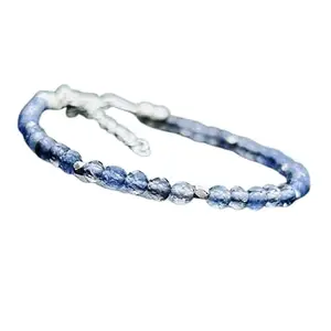 LKBEADS Silver Plated Bracelet with Blue Faceted Iolite Beads – Round 3.5mm – 7 inch Adjustable – For Men & Women|LK_STACK_03894