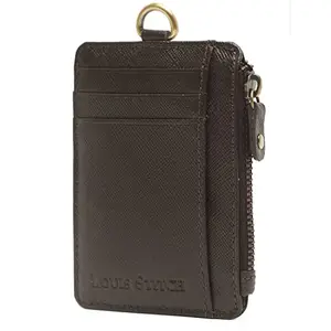 LOUIS STITCH Brown Saffiano Leather Slim ID Card Holder Wallet Purse with Cash and Coin Compartment and Zip Pocket(WL-SF-IDBB)