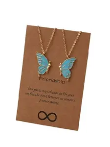 Octagon Hub Two Butterfly Necklace | Best Friends Necklace Chain Pendent | Blue Butterfly Wing Necklace | Girlfriends Pendant Gift for Women & Girls (Golden)-1 Pair