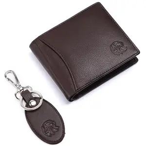 MEHZIN Men Formal Brown Genuine Leather RFID Wallet with Key-Chain Combo Set (9 Card Slots)