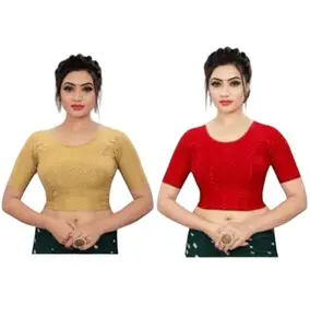 Women's Short Sleeve Crop Top Blouse, Round Neck, Gold and Red, Traditional Style, 2 Pack (Woman, red + Gold, 34)