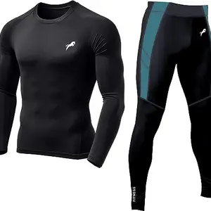 JUST RIDER Men's Sports Running Set Compression Shirts + Pants Skin-Tight Long Sleeves Quick Dry Fitness Tracksuit Gym Yoga Suits (Set of 2) (2XL, Black&Blue)