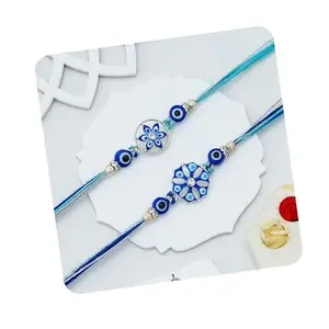 eCraftIndia Set of 2 Floral Evil Eye Rakhi for Brother | Designer Rakhi Set | Designer Rakhis with Roli Chawal Pack