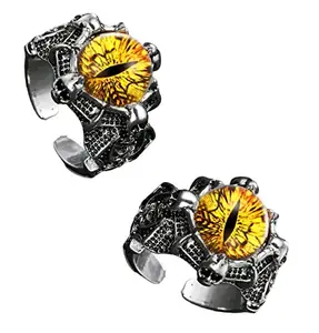 Stylewell (Pack Of 2 Pcs) Unisex Stainless Steel Adjustable/Openable Funky Yellow Crystal Glasses 3d Devil/Dragon Demons Evil Eye Thumb Finger Ring (Free Size)