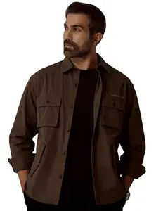 Andamen Men Relaxed Fit Spread Collar Solid Cotton Casual Shirt Brown