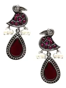 OOMPH Jewellery Oxidised Silver Drop Earrings - Maroon Stone - Bird Chidiya Design - For Women & Girls Stylish Latest (EJAM530_Z)- For Women & Girls Stylish Latest