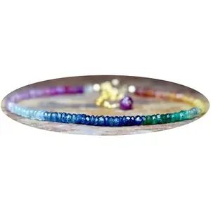 RRJEWELZ Natural Multi Sapphire 3mm Rondelle Shape Faceted Cut Gemstone Beads 7 Inch Adjustable Gold Plated Clasp Bracelet For Men, Women. Natural Gemstone Stacking Bracelet. | Lcbr_04828