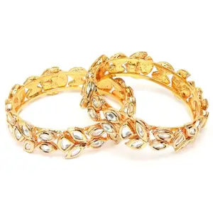 Karatcart Set of 2 Polki Gold-Plated Pearl Studded Bangles for Women