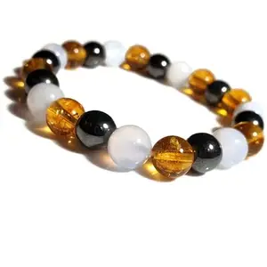 RRJEWELZ Unisex Bracelet 8mm Natural Gemstone Golden Citrine, Black Tourmaline & Moonstone Round shape Smooth cut beads 7 inch stretchable bracelet for men & women. | STBR_03436
