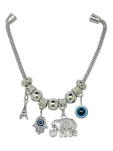 Femmibella Silver Plated Evil Eye,Hamsa Hand & Elephant Charm Bracelet For Women and Girls