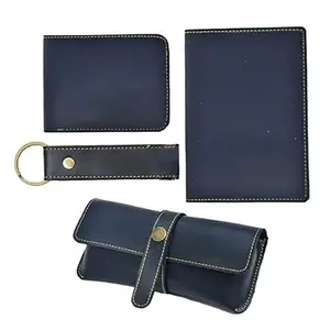 YOUR GIFT STUDIO Leather Vegan All in One Men's Combo Gift (4 pcs) Wallets, Key Chain, Eyewear Case and Passport Cover (Blue)