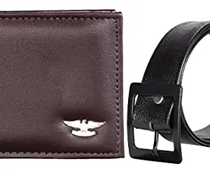 POLAND PU Leather Belt and Wallet Combo for Men and Boys (Dark Brown Wallet / Black Belt)