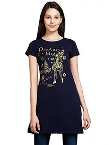 FLEXIMAA Women's Cotton Printed Round Neck Half Sleeve Navy Blue Color M Size Long Top