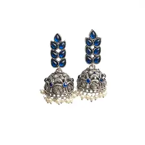 StylishKudi Blue Stone Studded German Silver Danglers With Stone Embedded Brass Jhumki