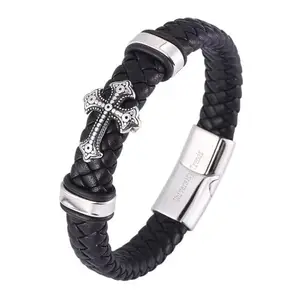 University Trendz Jesus Christian Retro Cross Leather Stainless Steel Magnetic Clasp Bracelet for Men
