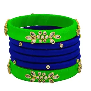 HABSA HABSA Silk Thread Bangles Plastic Bangle Set for Womens and Girls (Light Green-Blue) (Pack of 6) (Size-2/4)