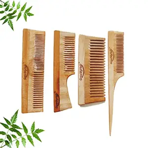 GrowMyHair Neem Wood Comb Anti-Bacterial Anti Dandruff Comb for All Hair Types, Promotes Hair Regrowth, Reduce Hair Fall (Set of 4, Wide & Thin, Broad, Handle, Long Tail Comb)