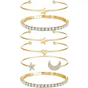 MARMORIS ECOM Set of 6 Moon Star Heart Design Bangle with Crystal Rhinstones Bracelet, Celestial Bangle Set, Stainless steel Gold Open Cuff Bracelets Set for Women and Girls, Fashion Jewellery