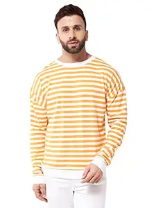 GRITSTONES Men Oversized White and Yellow Round Neck Stripe Drop Shoulder Cotton T-Shirt (GSFSTSHTSTP2993YELWHT_L)