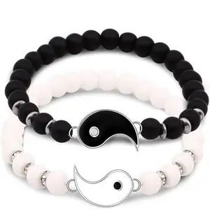 Couple Bracelets for Men & Women | Matching Black & White Beaded Relationship Bracelets | Adjustable Stretchable Friendship & Love Bands for Couples