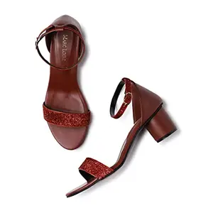 Marc Loire Women’s Open Toe Shimmer Block Heel Fashion Sandals With Buckled Ankle Strap (Red, numeric_7)