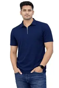 Lee Burg Men's Polyster Regular Fit Polo T-Shirt with Half Sleeve and Zipper Plain Regular Fit