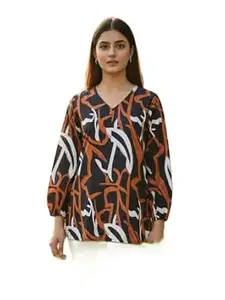 Women's Abstract Print V-Neck Blouse, Long Sleeve Tunic Top, Black Grey Orange Green Pattern, Casual Office Wear