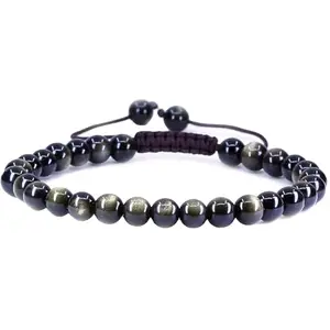 Lady Works Natural Black Obsidian Threaded Bracelet 8mm Round Smooth Beads Black Obsidian Adjustable Thread Bracelet. Unisex Macrame Yoga Bracelet.|LW_TDBR_0469