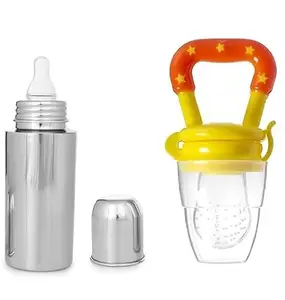 Worldfit Baby Steel Feeding Bottle, 250ml, Anti-Colic Valve, BPA Free, Silicone Teat, Wide Neck with 1 Piece Fruitfeeder
