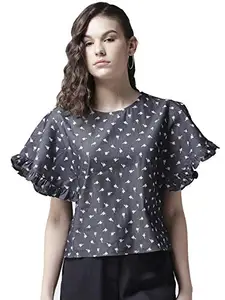 Style Quotient Women Blue Printed Chambray Top-S-Blue