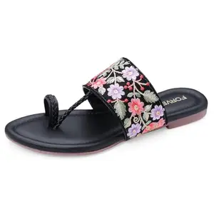 FORVELA Women Flat Sandal Ethnic Embroidered Casual Stylish Footwear Fashion Slipper Ladies Chappal for Party and College F-611 (BLACK, UK Footwear Size System, Adult, Women, Numeric, Medium, 4)