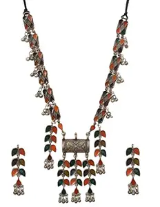 Total Fashion Latest Boho Trible Meenakari Black Metal Oxidised Long Chain Pendant Necklace Jewellery Set Women for Girls