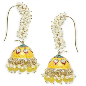 OOMPHelicious Jewellery Yellow Meenakari Jhumka Earrings - Kundan & Pearls Studded For Women & Girls Stylish Latest (Y-EHC205_CC1)