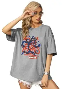 LEOTUDE Womens Oversized Round Neck Cottonblend Half Sleeve T-Shirts (Colour: Multicolor)