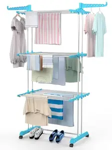 H Houseware Heavy Duty 3 Tier Stainless Steel Cloth Drying Stand with Wheels | Portable Rustproof Laundry Rack | Folding Clothes Dryer for Home, Balcony & Outdoor Use (43.2 x 78.7 x 165 cm, Blue)