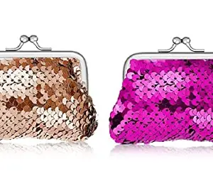 ANESHA Sequin Sippi Coin Purse for Women Girl Purses Coin Purse Kiss Lock Small Wallet Coin Bag Buckle Women's Flowers Pack of 2 (9 x 7 CM)