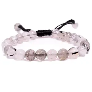 RRJEWELZ Natural Black Rutile Round Shape 8mm Smooth Beads Black Color Threaded Adjustable Bracelet For Men & Women. |TDBR_0533
