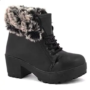 BEONZA Ankle Length Black Fur Leather Boots for Women