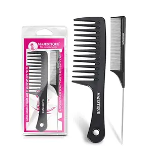 Majestique Long Handle Comb With Tail Comb Set, Detangling Comb for Curly, Teasing, Parting Comb, Wet, or Dry Hair in All Types - 2Pcs/Black