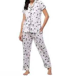 Women's Cotton Printed Night Suit Set, Short Sleeves, Floral Pattern (White, S)