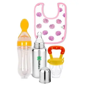 Kidbea Stainless Steel Infant Baby Feeding Bottle, Flower Printed Bibs, Yellow Silicone Food and Fruit Feeder BPA Free Combo of 4