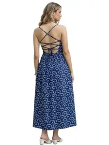 Aahwan White Printed Round Neck Sleeveless Backless Long Indo Western Fusion Dress for Women's & Girl's