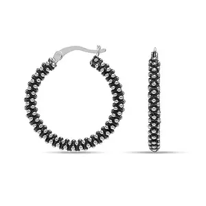 LeCalla 925 Sterling Silver BIS Hallmarked Caviar Hoop Earrings Round Oxidized Metallic Ball Classy Small Hoops Earring for Women - 25mm