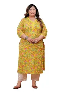 LABULY Women Pure Cotton Plus Size Kurti with Lace & Kantha Work | Discharge Print Straight Kurta | V Neck Ethnic Kurti 47 Inch Length