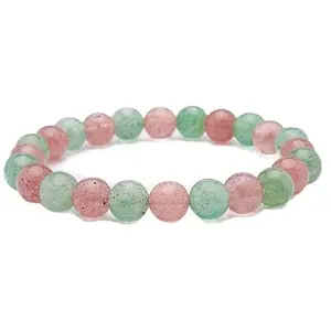 RRJEWELZ Natural Pink & Green Strawberry Quartz 8mm round Shape smooth Cut Beads 7 Inch Stretchable Bracelet for Men & Women.|STBR_RR_07643_7.0