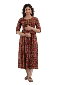 The Style Syndicate Pure Cotton Anarkali Comfortable Maternity Feeding Kurta Dress with Zippers for Pregnant Womens | All Over Printed Feeding Dress for Mothers/Women Wine (M)