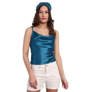 ESSQUE Satin Tops for Women Solid | Multi Cowl Neck Tank Top with Matching Head Band Camisoles Blouses Spaghetti Straps Draped Cowl Neck Tops for Women