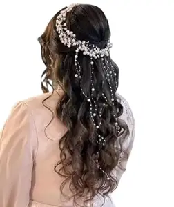 Elegant Bridal Pearl Hair Vine, Crystal Necklace Set with Earrings & Statement Ring – Wedding & Party Jewellery Combo for Women & Girls